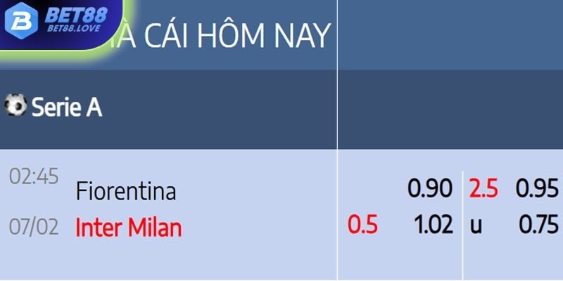 Tỷ lệ kèo fiorentina vs intermilan